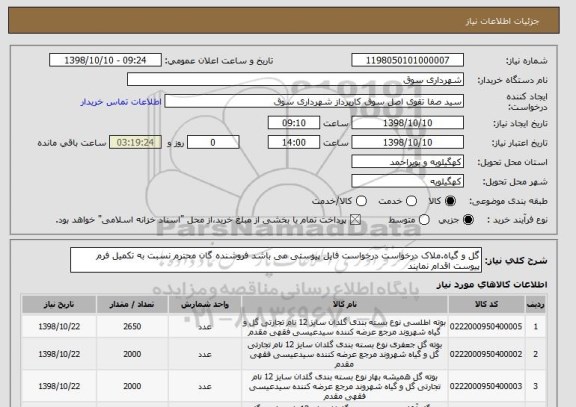 استعلام گل و گیاه.ملاک درخواست درخواست فایل پیوستی می باشد فروشنده گان محترم نسبت به تکمیل فرم پیوست اقدام نمایند