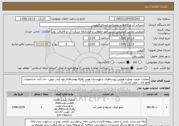 استعلام عملیات مرمت مخازن هوایی روستاهای شهرستان بویین زهرا( روستاهای ولد آباد، جوین، خان آباد، شادمهان، فتح اباد ، حیدر آباد و...) 