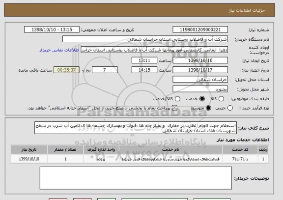 استعلام استعلام جهت انجام  نظارت بر حفاری  و پمپاژ چاه ها ،قنوات و بهسازی چشمه ها ی تامین آب شرب در سطح شهرستان های استان خراسان شمالی 