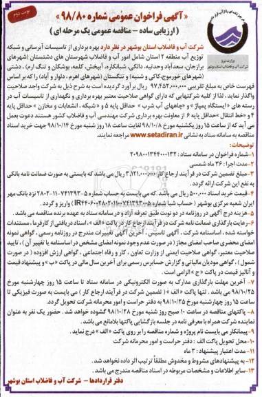 مناقصه, مناقصه بهره برداری از تاسیسات آبرسانی و شبکه توزیع آب منطقه - نوبت دوم