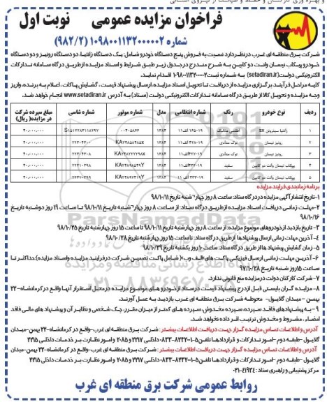 فراخوان مزایده , فراخوان مزایده فروش پنج دستگاه خودرو 