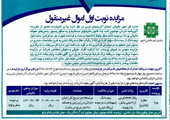 مزایده مزایده فروش نیم دانگ از سه دانگ یکباب مغازه