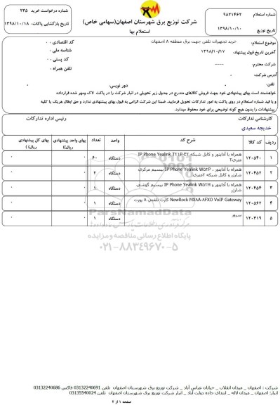 استعلام ، استعلام خرید تجهیزات تلفن جهت برق منطقه