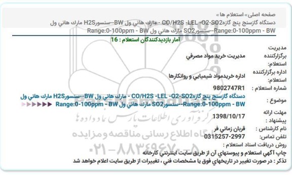 استعلام,استعلام دستگاه گازسنج پنج گازه CO/H2S-LEL-O2-SO2 