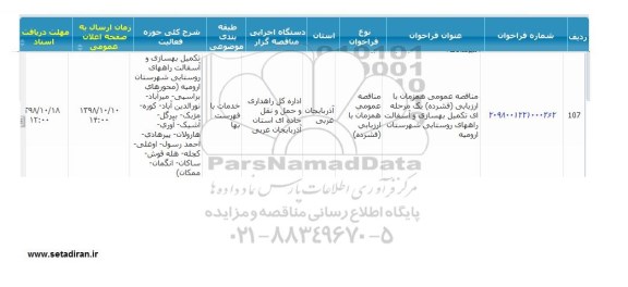 مناقصه, مناقصه تکمیل بهسازی و آسفالت راههای روستایی شهرستان
