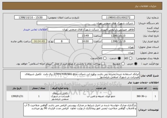 استعلام ایرانکد استفاده شده مشابه می باشد براورد این شرکت مبلغ 2/944/408/601 ریال بابت  تکمیل شیرهای هیدرانت در شهرک صنعتی چرمشهر 