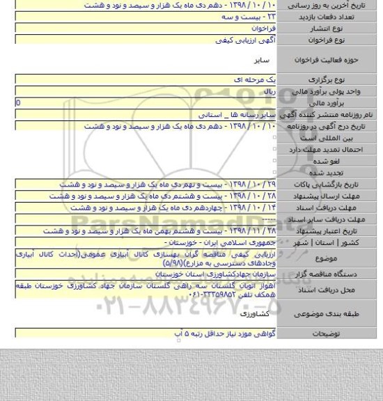 ارزیابی کیفی مناقصه گران بهسازی کانال آبیاری عمومی(احداث کانال آبیاری وجادهای دسترسی به مزارع)(۵/۹۸)