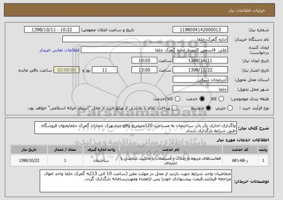 استعلام واگذاری اجاری یک باب ساختمان به مساحت 120مترمربع واقع درشهرک جماران گمرک جلفابعنوان فروشگاه طبق شرایط بارگذاری شده.