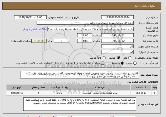 استعلام کالیراسیون،راه اندازی ، راهبری،خرید وتعویض قطعات ومواد اولیه آزمایشگاه شیمی ومیکروبیولوژی وایستگاه سنجش آلودگی هوا وبیمه مطابق جدول پیوست. 