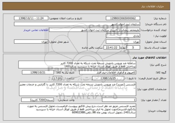 استعلام سامانه ضد ویروس پادویش نسخه تحت شبکه به تعداد 7200 کاربر
پرداختی فقط از طریق اوراق اسناد خزانه با سررسید سال1401