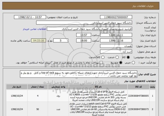استعلام دانشگاه سید جمال الدین اسدآبادی جهت ارتقای شبکه داخلی خود به سویچ top of rack و کابل   و پچ پنل و  پچ کورد نیازمند می باشد .