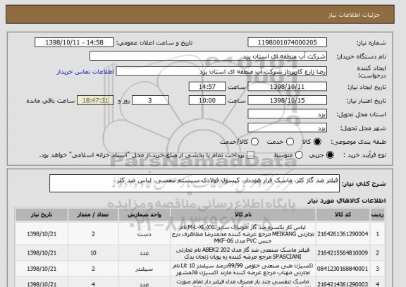 استعلام فیلتر ضد گاز کلر، ماسک فرار هوددار، کپسول فولادی سیستم تنفسی، لباس ضد کلر
