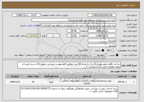 استعلام ساخت لگوی مانور بهمراه قاب آن به تعداد 30 عدد مطابق فایل پیوست میباشد .تحویل کالا در بندر امیر اباد بعهده وهزینه تامین کننده میباشد ./