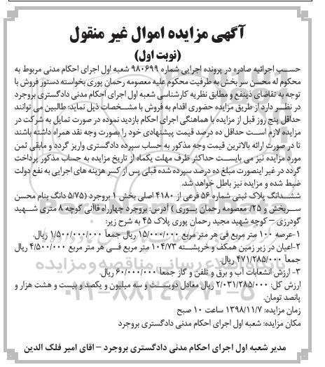 مزایده,مزایده ششدانگ پلاک ثبتی 56 فرعی از 4180 اصلی 