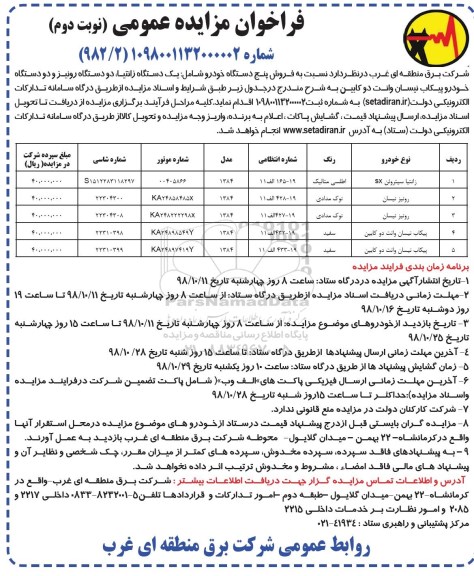 فراخوان مزایده , فراخوان مزایده فروش پنج دستگاه خودرو  - نوبت دوم 