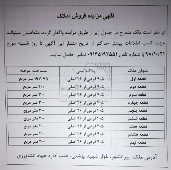 مزایده ،مزایده فروش املاک به مساحت های 197.75 مترمربع و 200 و غیره