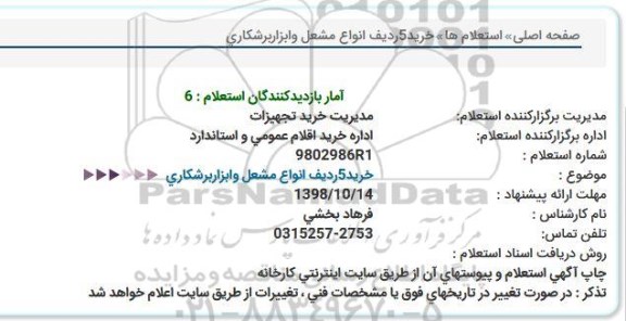 استعلام, استعلام خرید 5 ردیف انواع مشعل و ابزار برشکاری  