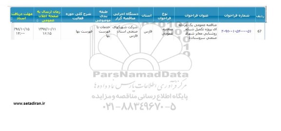 مناقصه پروژه تکمیل شبکه روشنایی