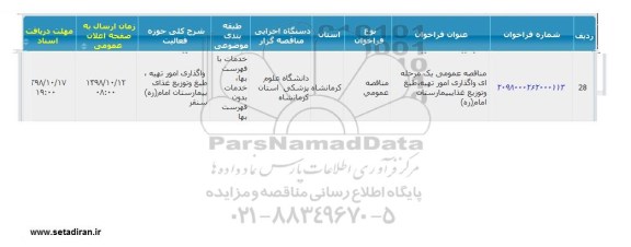 مناقصه ، مناقصه امور تهیه ، طبخ و توزیع غذا 