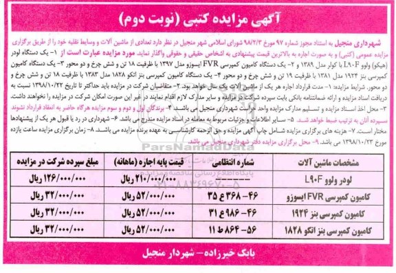آگهی مزایده کتبی, مزایده اجاره تعدادی از ماشین آلات و وسایط نقلیه - نوبت دوم