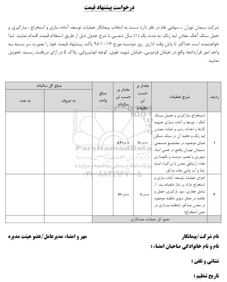 استعلام ، استعلام عملیات توسعه ، آماده سازی و استخراج ، بارگیری و حمل سنگ آهک 