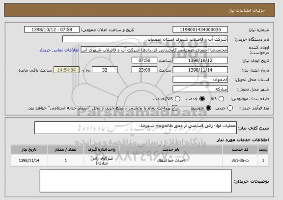 استعلام عملیات لوله رانی قسمتی از محور طالخونچه شهرضا