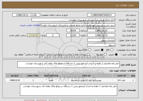 استعلام حفر چاه مالداری 1 دهنه و احداث آبشخور بتنی 1 دستگاه در مراتع پلاک بلقان آباد شهرستان خوشاب