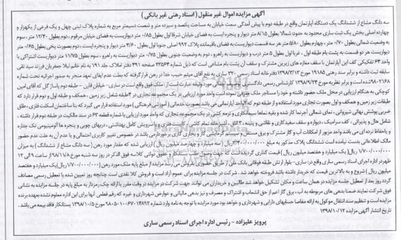 مزایده مزایده سه دانگ مشاع از ششدانگ آپارتمان