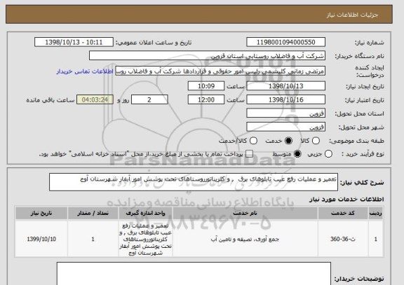 استعلام تعمیر و عملیات رفع عیب تابلوهای برق  , و کلریناتورروستاهای تحت پوشش امور آبفار شهرستان آوج 