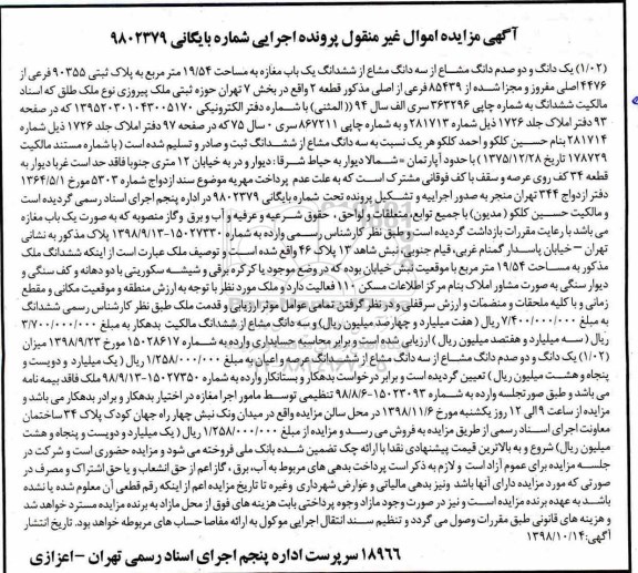 مزایده مزایده 1.02 دانگ مشاع از سه دانگ مشاع یکباب مغازه 