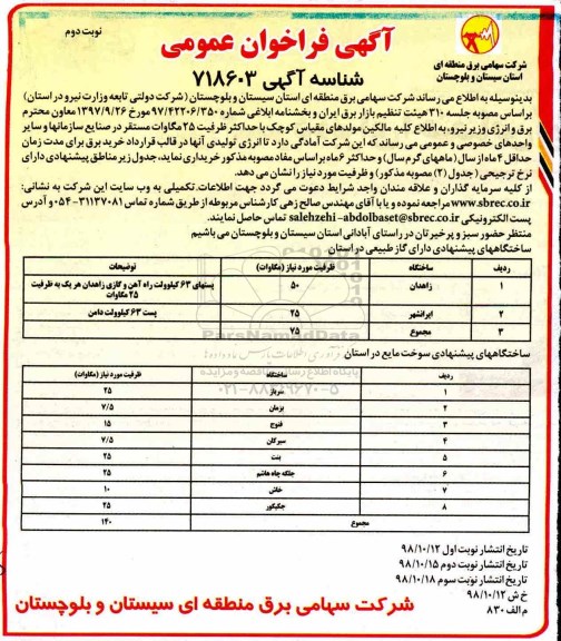 مناقصه , مناقصه  خرید برق - نوبت دوم 
