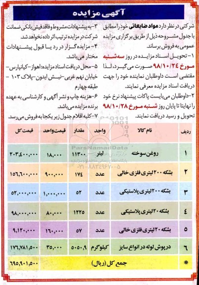 مزایده, مزایده فروش مواد ضایعاتی از قبیل روغن سوخته و ...