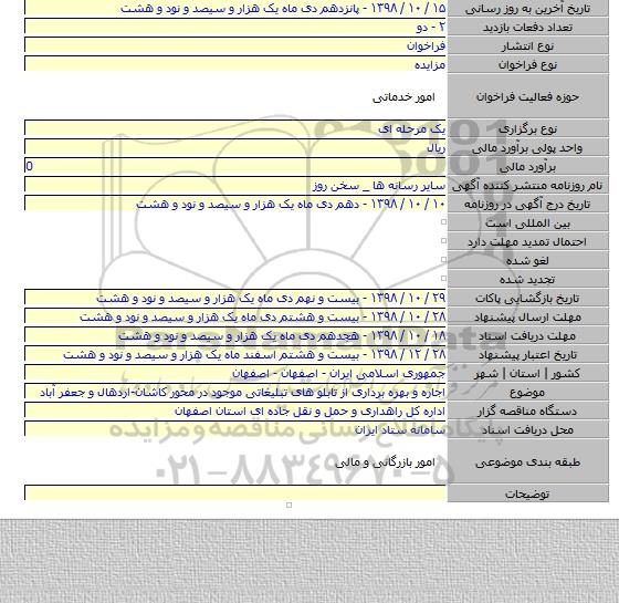 اجاره و بهره برداری از تابلو های تبلیغاتی موجود در محور کاشان-اردهال و جعفر آباد