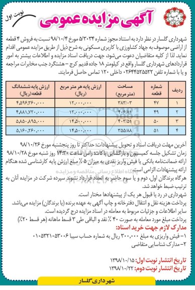 مزایده مزایده فروش 4 قطعه از اراضی کاربری مسکونی نوبت اول 