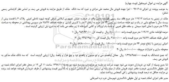 مزایده، مزایده فروش زمینی به مساحت 119/12 متر مربع (نوبت چهارم)