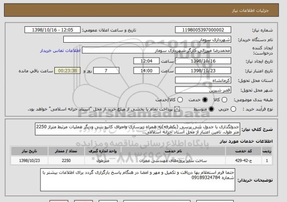 استعلام جدولگذاری با جدول بتنی پرسی (یکطرفه)به همراه زیرسازی واجرای کانیو بتنی ودیگر عملیات مرتبط متراژ 2250 متر طول. تامین اعتبار از محل اسناد خزانه اسلامی..