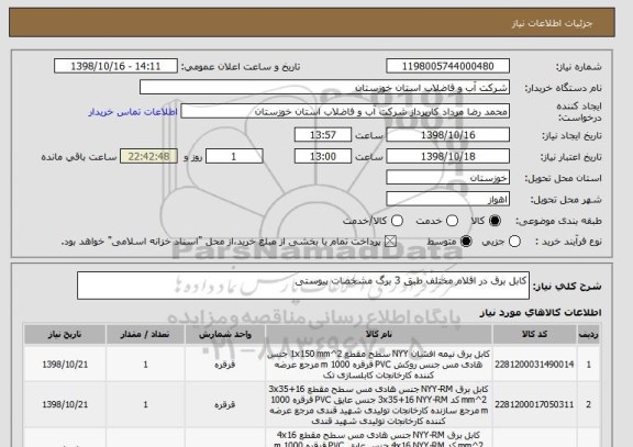 استعلام کابل برق در اقلام مختلف طبق 3 برگ مشخصات پیوستی