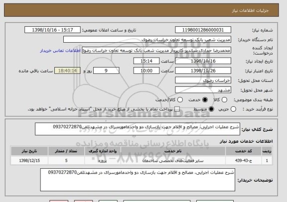 استعلام شرح عملیات اجرایی، مصالح و اقلام جهت بازسازی دو واحدمامورسرای در مشهدتلفن09370272870