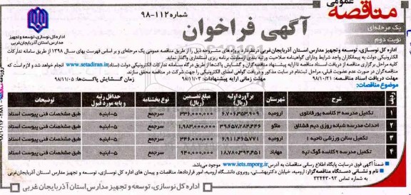 آگهی فراخوان مناقصه عمومی , فراخوان مناقصه ​تکمیل مدرسه 3 کلاسه و ...- نوبت دوم 