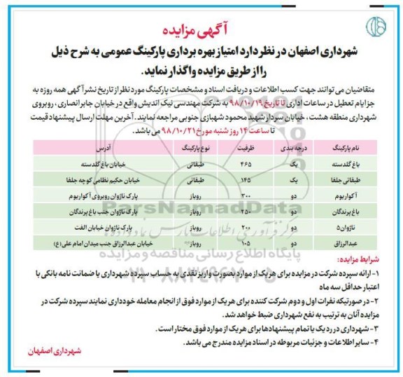 آگهی مزایده , مزایده امتیاز بهره برداری پارکینگ عمومی