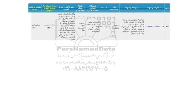 مناقصه، مناقصه عمومی یک مرحله ای واگذاری آماده سازی، طبخ و توزیع غذای بیماران ...