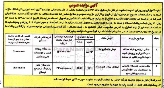 آگهی مزایده عمومی , مزایده اجاره املاک مازاد