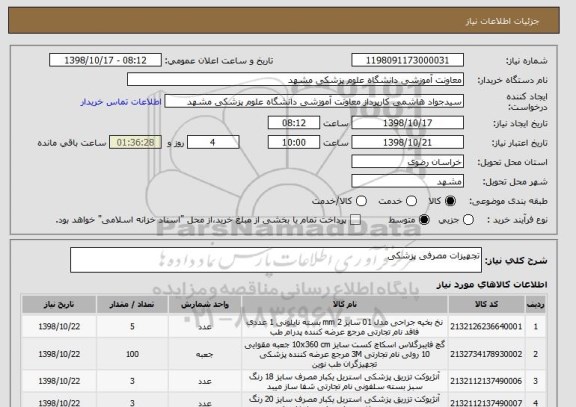 استعلام تجهیزات مصرفی پزشکی