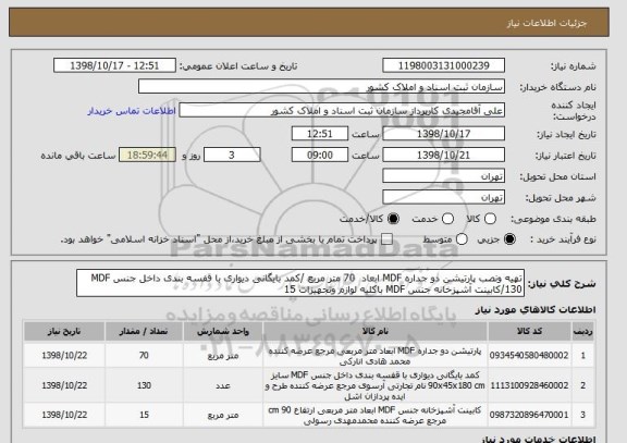 استعلام تهیه ونصب پارتیشن دو جداره MDF ابعاد  70 متر مربع /کمد بایگانی دیواری با قفسه بندی داخل جنس MDF /130کابینت آشپزخانه جنس MDF باکلیه لوازم وتجهیزات 15