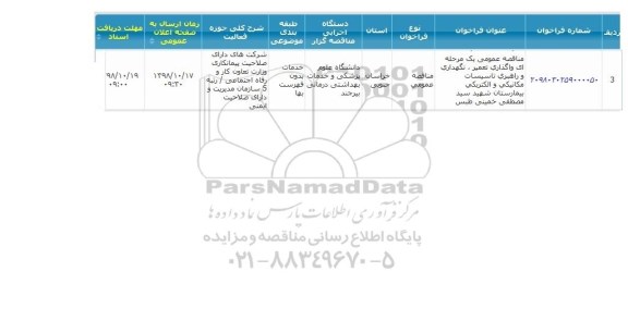 مناقصه عمومی یک مرحله ای واگذاری تعمیر ، نگهداری و راهبری تاسیسات