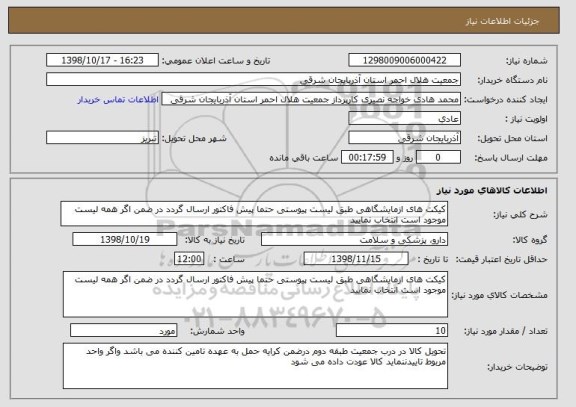 استعلام کیکت های ازمایشگاهی طبق لیست پیوستی حتما پیش فاکتور ارسال گردد در ضمن اگر همه لیست موجود است انتخاب نمایید 