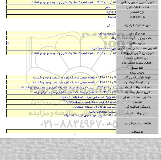 مزایده فروش سیم مسی اسقاط ۱۱۰/۹۸