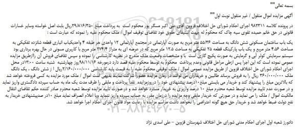 مزایده، مزایده فروش یک باب ساختمان مسکونی شش دانگ به مساحت 55/36 متر مربع