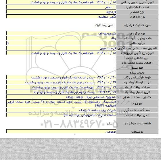 فیکسینگ ترانسهای ۱۷ پست حوزه استان زنجان و ۲۶ پست حوزه استان قزوین (مناقصه ۹۸/۲۴)