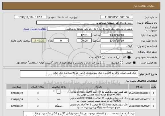 استعلام جک هیدرولیکی 50تن و 30تن و جک سوسماری 3 تن مرجع سازنده جک ایران